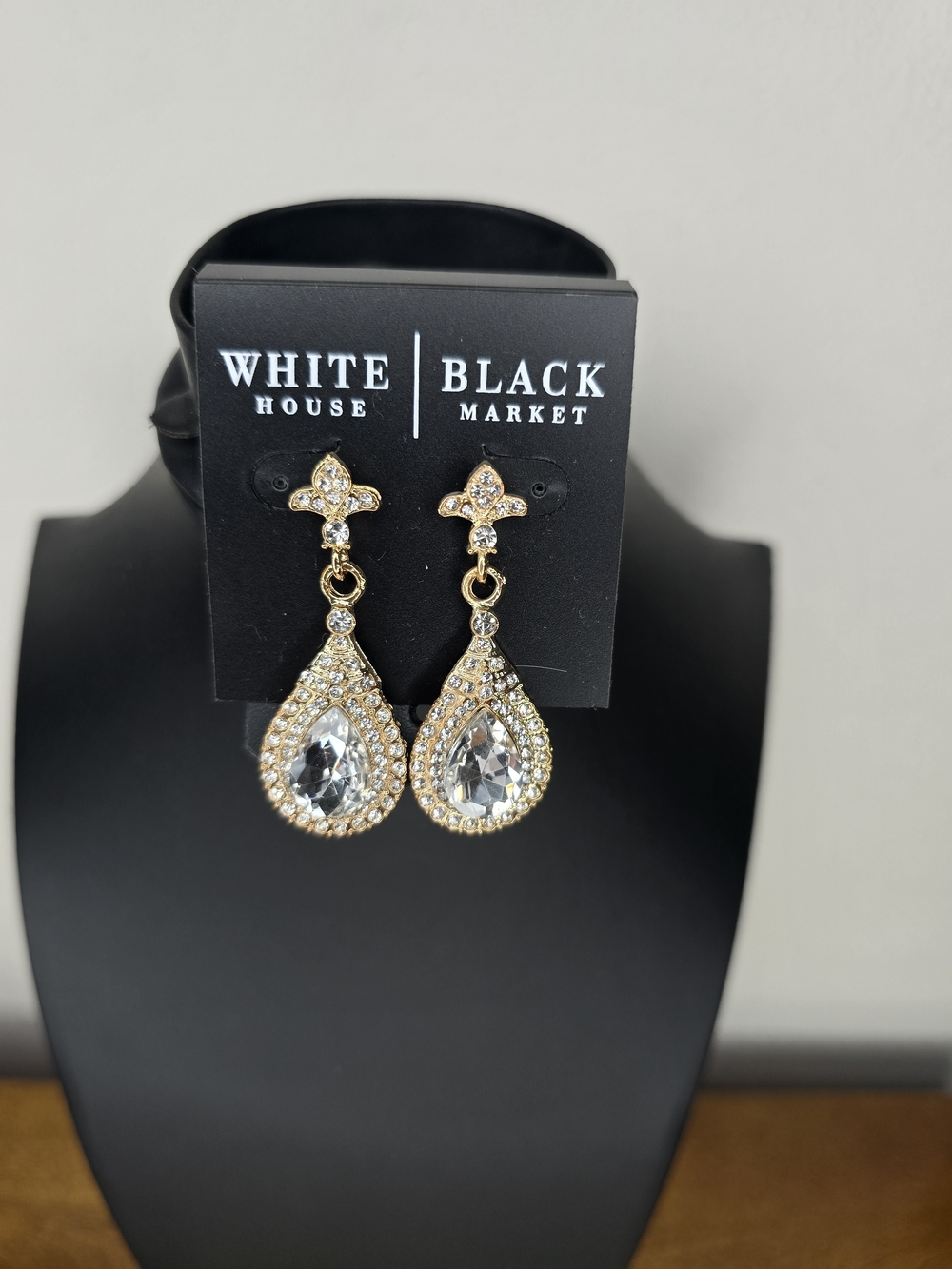 White House Black Market Gold-tone Clear Crystal Teardrop Earrings